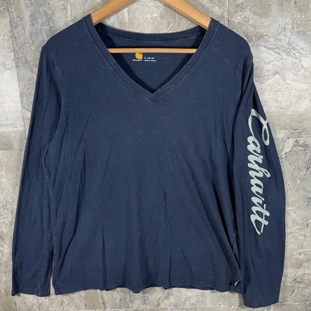 Carhartt navy blue long sleeve shirt with white logo on sleeve Mens Size L